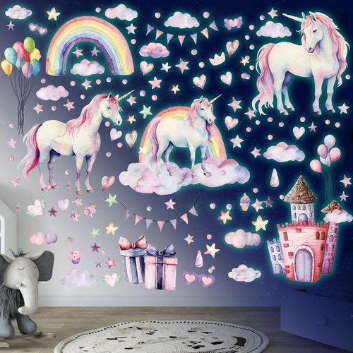 Eryi-Licorne Etoiles Phosphorescentes Plafond Licorne Château Etoiles Fluorescente Lumineuse Arc En Ciel Autocollants Stickers Muraux Décoration Pour Enfants Et Fille Chambre Vert