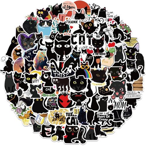 Tianyi-100pcs Mignon Chat Noir Autocollants Pour Bouteilles D'eau Gobelet Bagages Planche À Roulettes Pare-Chocs Scrapbook Tasse, Autocollant Cadeau Pour Enfants Adolescents Adultes