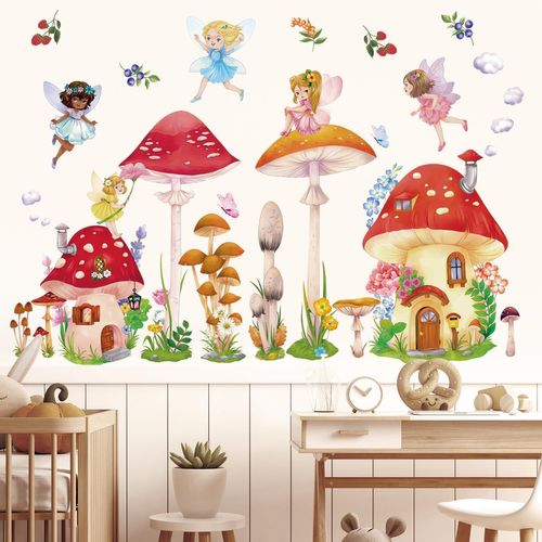Trahoo-Ds12-8075 Champignons Et Fées Stickers Muraux Enfants Pépinière Stickers Muraux Chambre De Bébé Décor À La Maison Jolies Filles Fleur Coloré Mouche Papillon Chambre Princesse Salle De Jeux