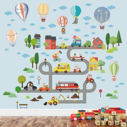 Trahoo-Stickers Mural Route Voiture Autocollant Muraux De Transport Urbain Ballon À Air Chaud Autocollantsticker Voiture Pour Enfants Pépinière Chambre À Coucher Jeux Salon Classe Décoration Murale