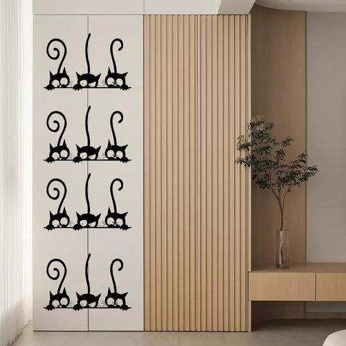 Trahoo-Lot De 4 Stickers Muraux Chat Noir, Chat Autocollants, Autocollant Chat Mural Intéressant Mignon Chat Noir Autocollants Art Mural, Pour Salon, Couloi, Enfants Chambre Chambre Décor