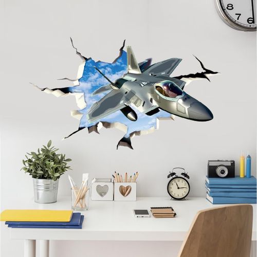 Trahoo-3d Stickers Muraux Fighter Jet Plane 3d Sticker Mural Air Force Peel And Stick Pvc Aquarelle Art Décor Garçons Chambre D'enfants Salon Chambre D'enfant Autocollants Décoratifs
