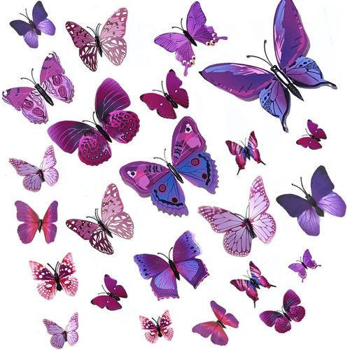 Trahoo-24 Pièces 3d Papillon Stickers Muraux Décoration Papillon Pour Fête, Chambre, La Décoration De Gâteau, Pour Filles Et Garçons (Violet)