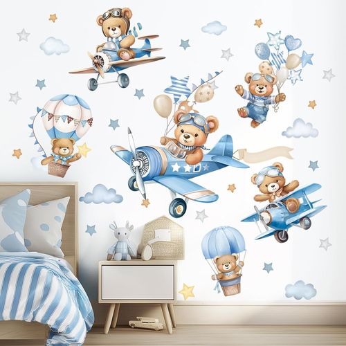 Animals Airplane Bear Wall Stickers Hot Air Balloon Cloud and Star for Children's Room Boys Baby Nursery