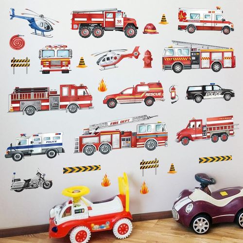 Trahoo-Stickers Muraux Camion De Pompiers Voiture Autocollant Mural Transport Voitures Véhicules Décoration Murale Garçon Chambre Enfants Salle De Jeux