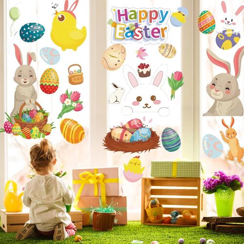 KALANKA-Paques Fenetre Autocollants,9 Feuilles Réutilisable Stickers Paques Enfant Electrostatique,Décorations de Pâques Oeufs et Lapin pour Porte Vitre,Vitrine,Autocollants en Verre Pour le Jour de