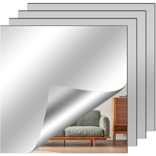 Miroir Autocollant,Miroir Adhesif Mural,Lot de 4 Miroir Mural Autocollant,20x20cm Miroir sans Cadre,Feuille Miroir Acrylique pour Salle de Bain,Chambre