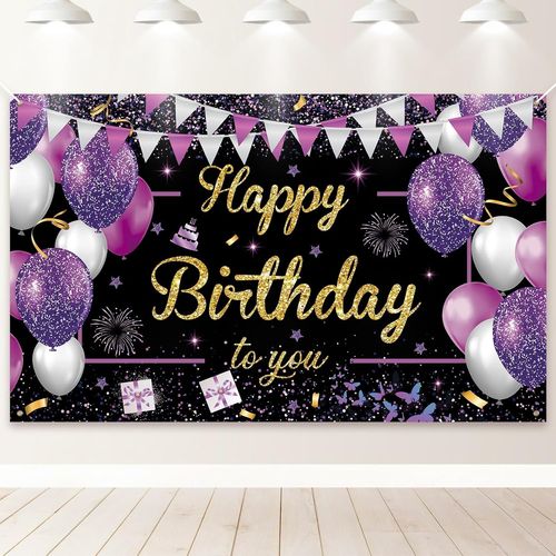 Bannière D'Anniversaire,Décoration De Bannière Happy Birthday,Extra Grande Fête D'Anniversaire,Décoration De Fond,Panneau,Poster Pour Hommes Et Femmes (Noir Violet)