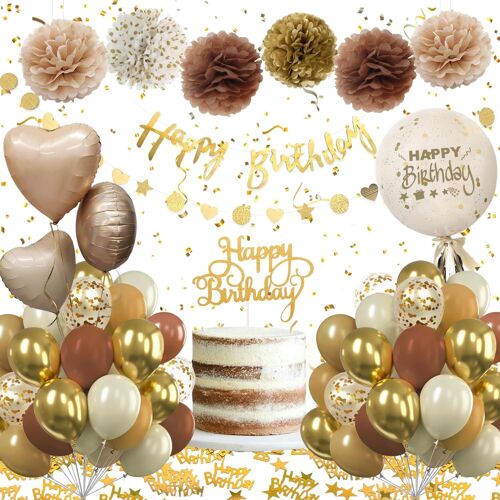 Brown Gold Birthday Decoration, Birthday Decoration Kit With Golden Brown Birthday Balloons, Paper Pom-Poms For Birthday Decoration Boys Babies Men