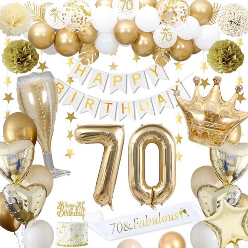 Décorations Anniversaire 70 Ans, Décorations Anniversaire Or 70 Ans Pour Homme Femme Ballons Blancs Or Bannière Happy Birthday Ballons Numéro 70 Ballons Couronne Étoile Coeur