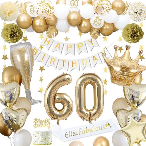 Décorations Anniversaire 60 Ans, Décorations Anniversaire Or 60 Ans Pour Homme Femme Ballons Blancs Or Bannière Happy Birthday Ballons Numéro 60 Ballons Couronne Étoile Coeur
