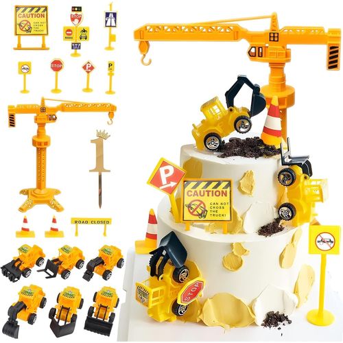KALANKA-Decoration Gateau Chantier 1 An, Décoration Gteau Anniversaire Pelleteuse Garçon 1er, Chantier de Construction Miniature Deco Gteau Cake Cupcake Topper pour Enfant Fille Garçon Anniversaire