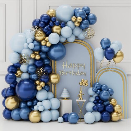 CAUC-Arche Ballon Anniversaire Bleu Or, 105pcs Kit Guirlande Ballon Bleu Marine avec Ballon Bleu Ciel Ballon Confetti Doré, Décoration Anniversaire Garçon Homme pour Communion Mariage Baptême Baby Sh