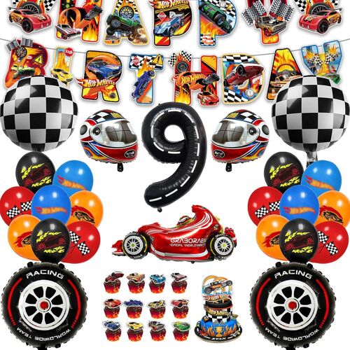 SJZG-54 Pièces Decoration Anniversaire Hot Whels 9 Ans Garçon Ensemble De Fête D'Anniversaire Hot Whels, Ballon Deco Anniversaire, Ballons Set D'Anniversaire Pour Garcon