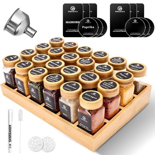 Rack À Épices En Bambou Naturel Avec Bocaux, Armoire À Épices Avec 24 Bocaux À Épices Carrés, Rack À Épices En Bambou Pour Une Cuisine Ordonnée Et Organisée