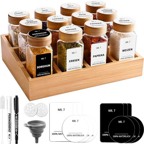Rack À Épices En Bambou Naturel Avec Bocaux, Armoire À Épices Avec 12 Bocaux À Épices Carrés, Rack À Épices En Bambou Pour Une Cuisine Ordonnée Et Organisée
