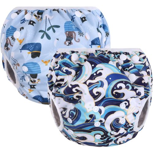 Kalanka-Couches Lavables,2pcs Couches De Bain Reutilisable,Lavable Et Ajustable Anti-Fuite Imperméable Étanche Pour Bébé Fille Et Garçon (Bleu)