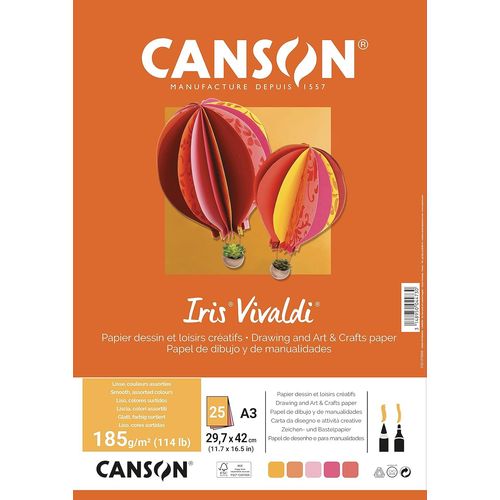 Yemaesre-Irisvivaldi - Paquet 25 Feuilles De Papier Couleur A3 - 185g/M² - Assortiment Jaune/Rose/Rouge
