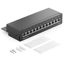 Cat6A Panneau De Brassage 12 Ports Bureau & Montage Mural - Blindé - Prise 12X Rj45 - Tia568A Tia568B - Noir