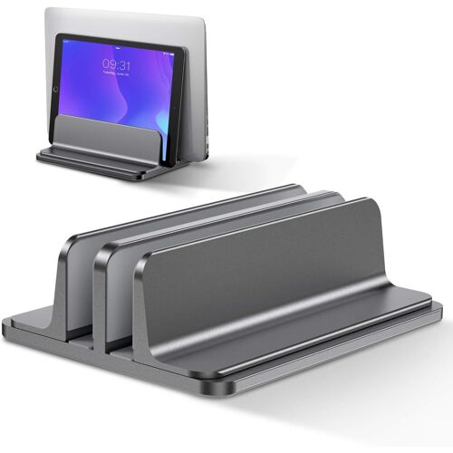 TIANYI-Double Support Ordinateur Portable Vertical, Support PC Portable en Aluminium Réglable Bureau Laptop Stand pour MacBook Pro/Air, iPad, Surface, HP, Lenovo, Tablette et Autre Laptops - Gris