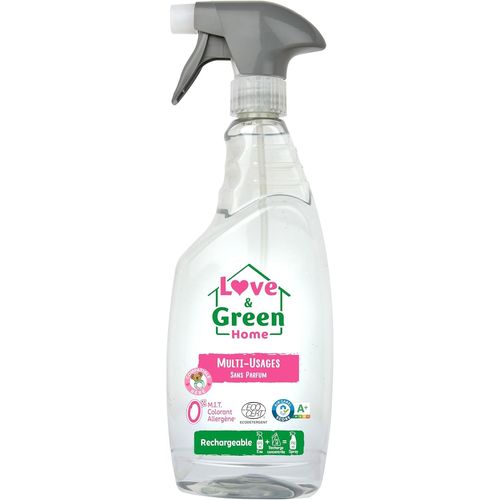 Home Spray Nettoyant écologique multi-usages rechargeable et sans parfum - Compatible bébé. Certifié A+ par Air Label et Ecodétergent par Ecocert - 750ml