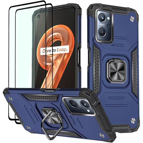 Coque Pour Realme 9i / Oppo A76 / Oppo A96, Verre Trempé [2 Pièces] + Housse Tpu Silicone Rotation 360° Aimant Anneau Support Double Défense Protection Etui - Bleu