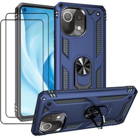 CAUC-kompatibel Coque Xiaomi Mi 11 Lite/Mi 11 Lite 5G,Etui + Verre Tremp¿¿[2 Pi¿¿ces] magn¿¿tique Support Armure Robuste Antichoc Silicone TPU 360 degr¿¿ Cas de t¿¿l¿¿phone de Voiture Bumper-Bleu