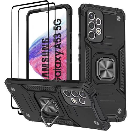 ELVORIX-Coque pour Samsung Galaxy A53 5G, Verre Trempé [2 Pièces] + Housse TPU Silicone Rotation 360° Aimant Anneau Support Double Défense Protection Etui - Noir