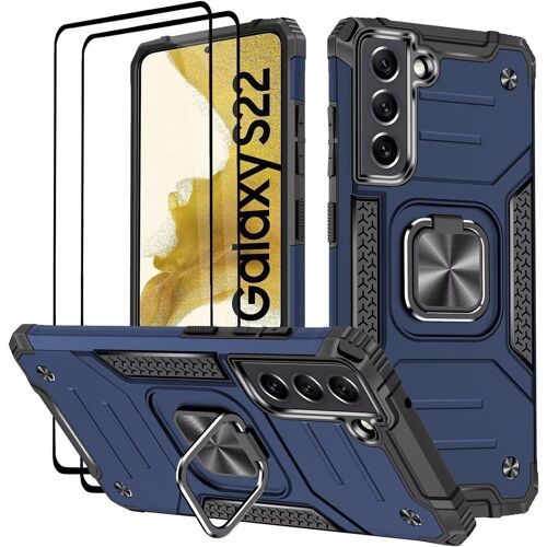 JGD-Coque pour Samsung Galaxy S22 (6.1""), Verre Trempé [2 Pièces] + Housse TPU Silicone Rotation 360° Aimant Anneau Support Double Défense Protection Etui - Bleu