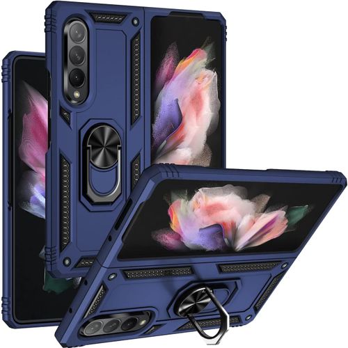 CAUC-kompatibel Coque Samsung Galaxy Z Fold 3 5G Etui magn¿¿tique Support Armure Robuste Antichoc Silicone TPU 360 degr¿¿ Cas de t¿¿l¿¿phone de Voiture Bumper-Bleu