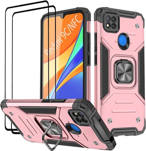 TRAHOO-Coque Compatible pour Xiaomi Redmi 9C NFC/Redmi 9C, Verre Trempé [2 Pièces] Housse TPU Silicone Rotation 360° Aimant Anneau Support Double Défense Protection Etui - Or Rose