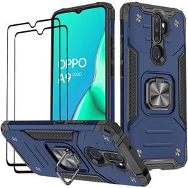Coque Compatible Pour Oppo A9 2020/A5 2020,Verre Trempé [2 Pièces] Housse Tpu Silicone Rotation 360° Aimant Anneau Support Double Défense Protection Etui Pour Oppo A9 2020/A5 2020-Bleu