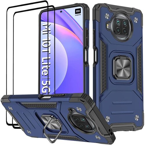 KALANKA-Coque Compatible pour Xiaomi Mi 10T Lite 5G, Verre Trempé [2 Pièces] Housse TPU Silicone Rotation 360° Aimant Anneau Support Double Défense Protection Etui pour Mi 10T Lite 5G - Bleu