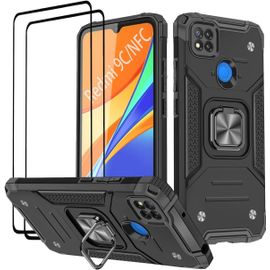 KAL-Coque Compatible Pour Xiaomi Redmi 9C Nfc/Redmi 9C, Verre Trempé [2 Pièces] Housse Tpu Silicone Rotation 360° Aimant Anneau Support Double Défense Protection Etui - Noir