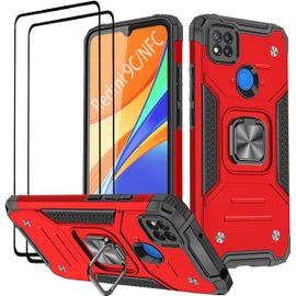 Trahoo-Kansi Coque Compatible Pour Xiaomi Redmi 9c Nfc/Redmi 9c, Verre Trempé [2 Pièces] Housse Tpu Silicone Rotation 360° Aimant Anneau Support Double Défense Protection Etui - Rouge