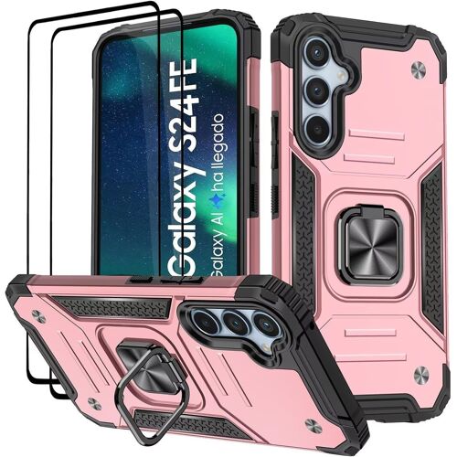 TRAHOO-Coque pour Samsung Galaxy S24 FE, Verre Trempé [2 Pièces] + Housse TPU Silicone Rotation 360° Aimant Anneau Support Double Défense Protection Etui - Or Rose