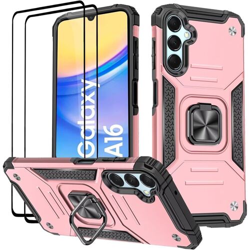 TRAHOO-Coque pour Samsung Galaxy A16 / A17 5G&4G, Verre Trempé [2 Pièces] + Housse TPU Silicone Rotation 360° Aimant Anneau Support Double Défense Protection Etui - Or Rose