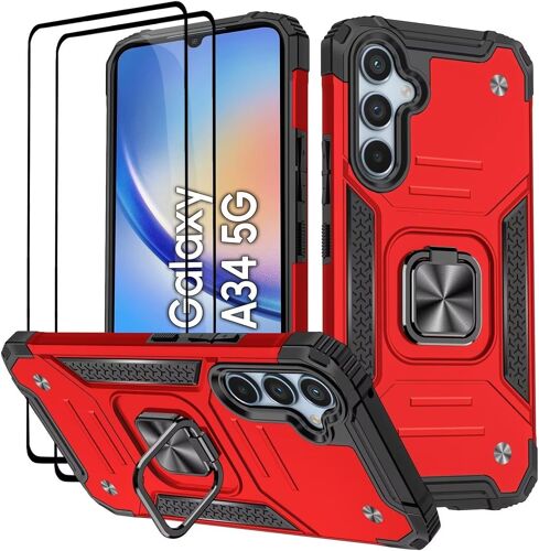 TRAHOO-Coque pour Samsung Galaxy A34 / A34 5G, Verre Trempé [2 Pièces] + Housse TPU Silicone Rotation 360° Aimant Anneau Support Double Défense Protection Etui - Rouge