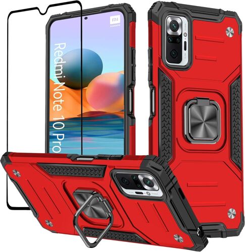 KAL-Coque Compatible Pour Xiaomi Redmi Note 10 Pro, Verre Trempé + Housse Tpu Silicone Rotation 360° Aimant Anneau Support Double Défense Protection Etui Pour Redmi Note 10 Pro - Rouge