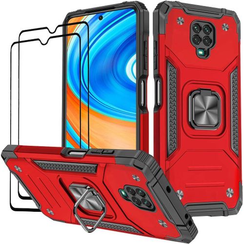 Case Compatible For Xiaomi Redmi Note 9 Pro/Redmi Note 9s, Tempered Glass [2 Pieces] Tpu Silicone Case 360° Rotation Magnet Ring Stand Dual Defense Protection Case ¿ Red