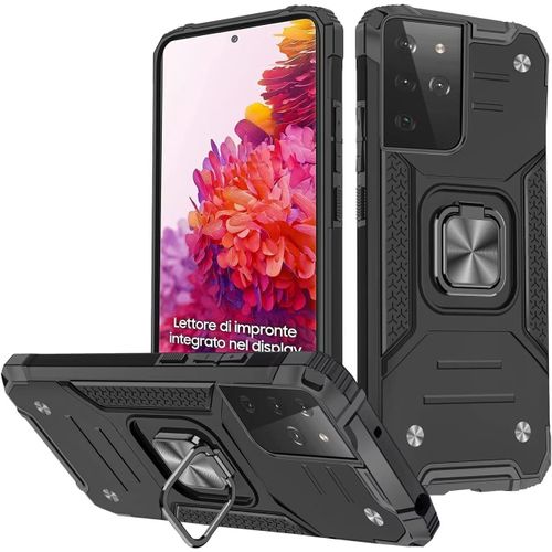 KAL-Coque Compatible Pour Samsung Galaxy S21 Ultra 5G, Housse Tpu Silicone Rotation 360° Aimant Anneau Support Double Défense Protection Etui - Noir