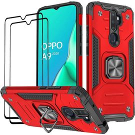 Coque Compatible Pour Oppo A9 2020/A5 2020,Verre Trempé [2 Pièces] Housse Tpu Silicone Rotation 360° Aimant Anneau Support Double Défense Protection Etui Pour Oppo A9 2020/A5 2020-Rouge