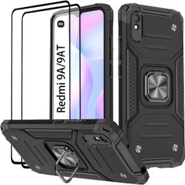 TRAHOO-Coque Compatible pour Xiaomi Redmi 9A / 9AT, Verre Trempé [2 Pièces] Housse TPU Silicone Rotation 360° Aimant Anneau Support Double Défense Protection Etui pour Redmi 9A - Noir