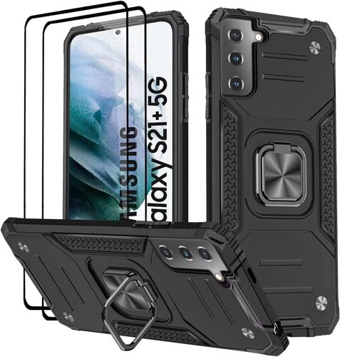 Coque Compatible pour Samsung Galaxy S21+ / S21 Plus 5G, Housse TPU Silicone Rotation 360° Aimant Anneau Support Double Défense Protection Etui - Noir