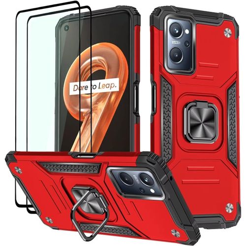 KAL-Coque Pour Realme 9I / Oppo A76 / Oppo A96, Verre Trempé [2 Pièces] + Housse Tpu Silicone Rotation 360° Aimant Anneau Support Double Défense Protection Etui - Rouge