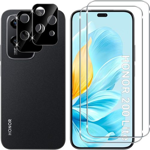 CAUC-pour Honor 200 Lite Verre Trempé, 2+2 Pièces Protection écran+ Caméra Arrière Protecteur Film (Noire), 9H Dureté HD Anti-Rayures Sans Bulles Vitre Trempé Protecteurs d'écran