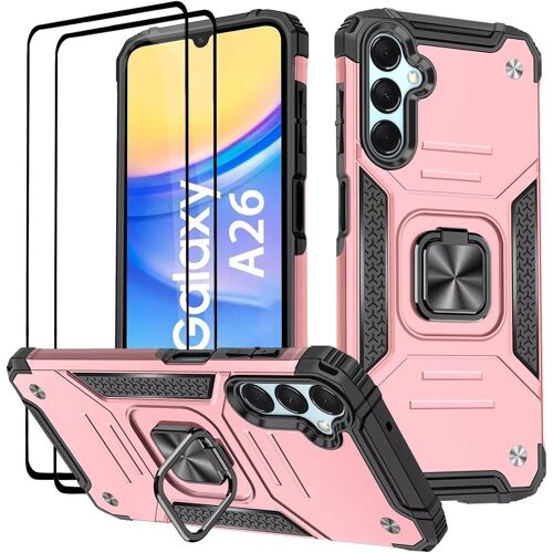 TRAHOO-Coque pour Samsung Galaxy A26 5G, Verre Trempé [2 Pièces] + Housse TPU Silicone Rotation 360° Aimant Anneau Support Double Défense Protection Etui - Or Rose
