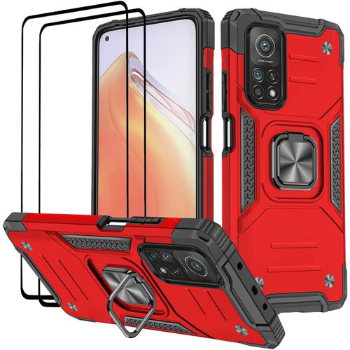 Coque Pour Xiaomi Mi 10t Pro/Mi 10t, Verre Trempé [2 Pièces] + Housse Tpu Silicone Rotation 360° Aimant Anneau Support Double Défense Protection Etui - Rouge