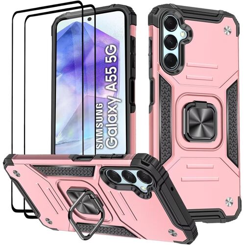 TRAHOO-Coque pour Samsung Galaxy A55 5G, Verre Trempé [2 Pièces] + Housse TPU Silicone Rotation 360° Aimant Anneau Support Double Défense Protection Etui - Or Rose