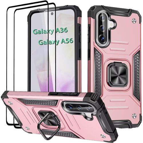 TRAHOO-Coque pour Samsung Galaxy A36 5G / A56 5G, Verre Trempé [2 Pièces] + Housse TPU Silicone Rotation 360° Aimant Anneau Support Double Défense Protection Etui - Or Rose